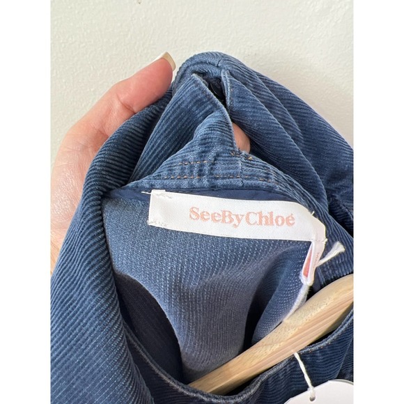 See by Chloe Knotted Tie Codruroy Blouse Top Women's Dusky Blue Size: Large NWT - Picture 9 of 10